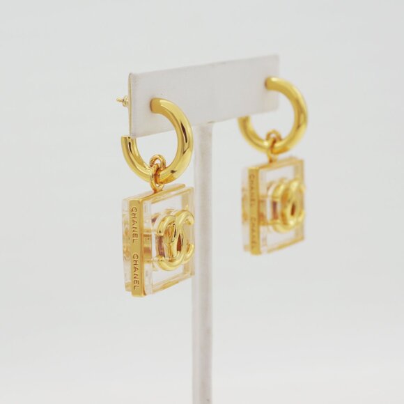 CHANEL Clear Square CC Logos Gold-tone Drop Earrings - Picture 2 of 7